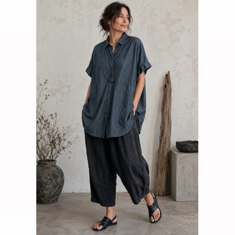 OSKA Oversized Chambray Denim Blue Cotton Tunic Shirt Sz Large Artsy Lagenlook